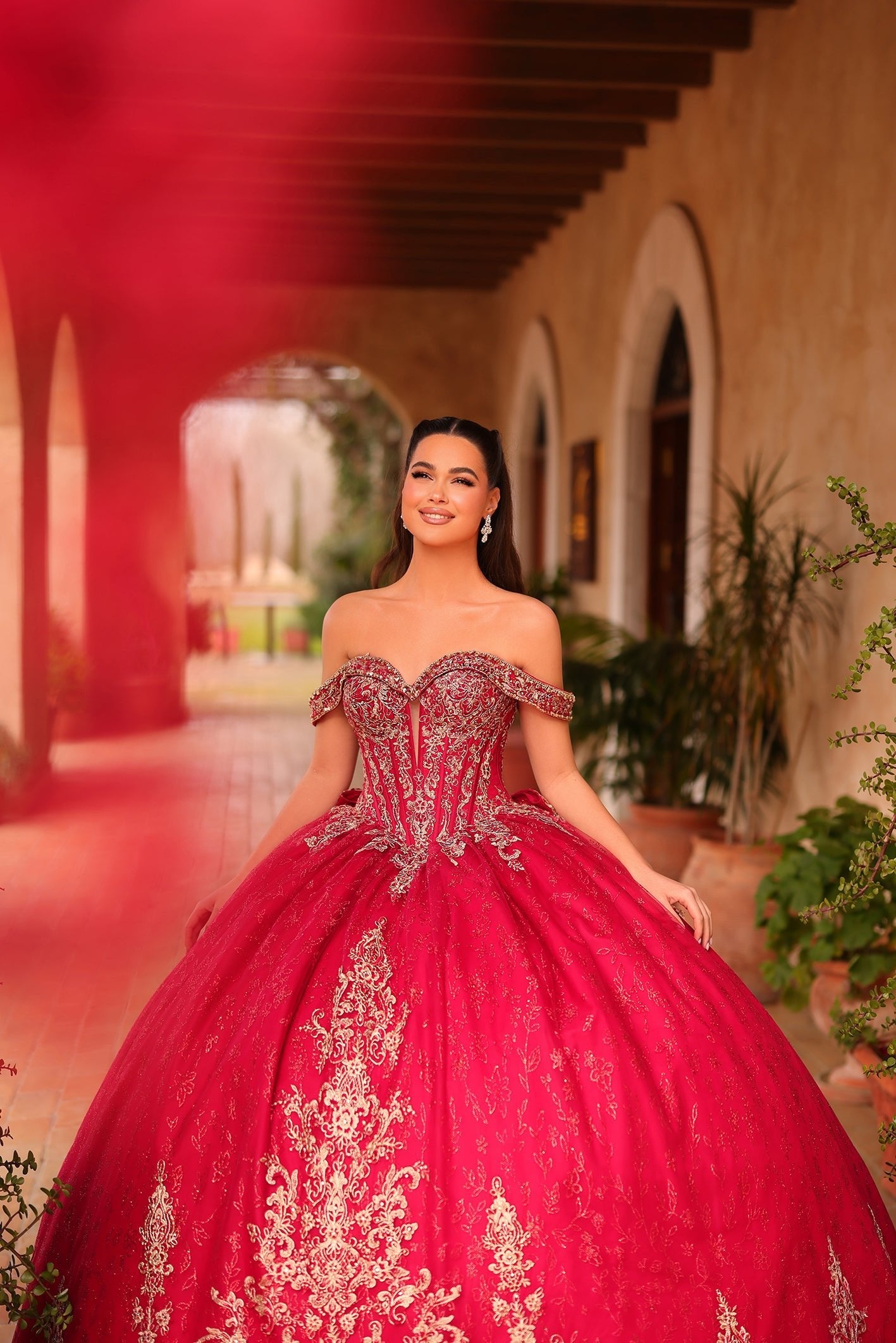 Wine Sweetheart Floor-Length Tulle Quinceañera Ball Gown with Lace Embroidery Amarra 54123