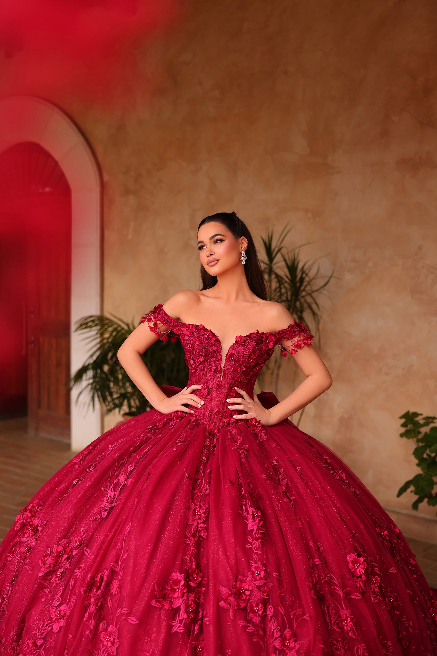 Wine Sweetheart Floor-Length Tulle Quinceañera Ball Gown with Floral Appliqué Amarra 54125