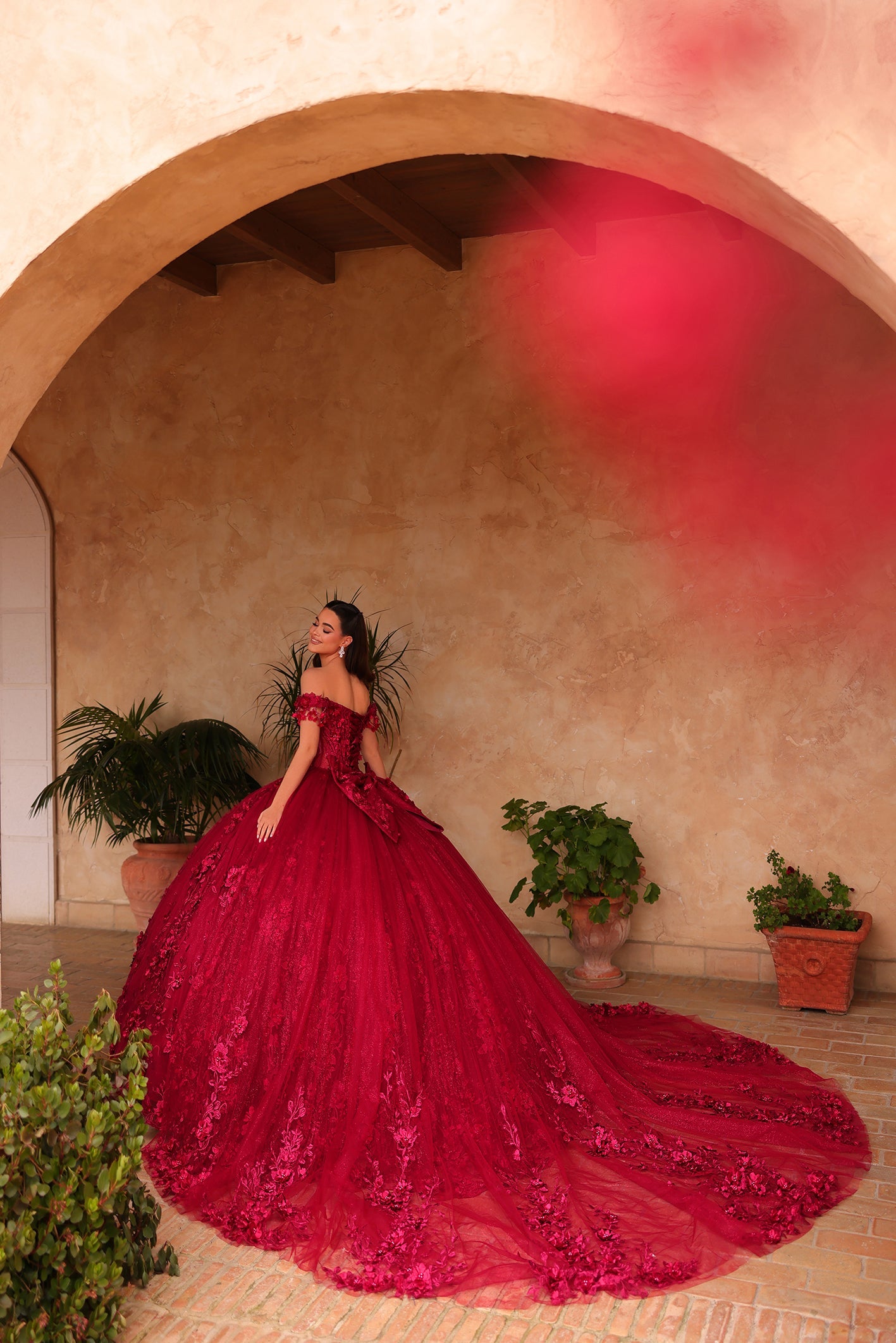 Wine Sweetheart Floor-Length Tulle Quinceañera Ball Gown with Floral Appliqué Amarra 54125