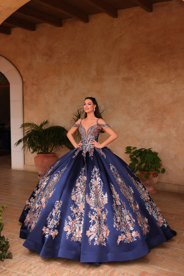 Sweetheart Floor Length Satin Ball Gown with Embroidered Floral Appliqué and Corset Back Amarra 54127