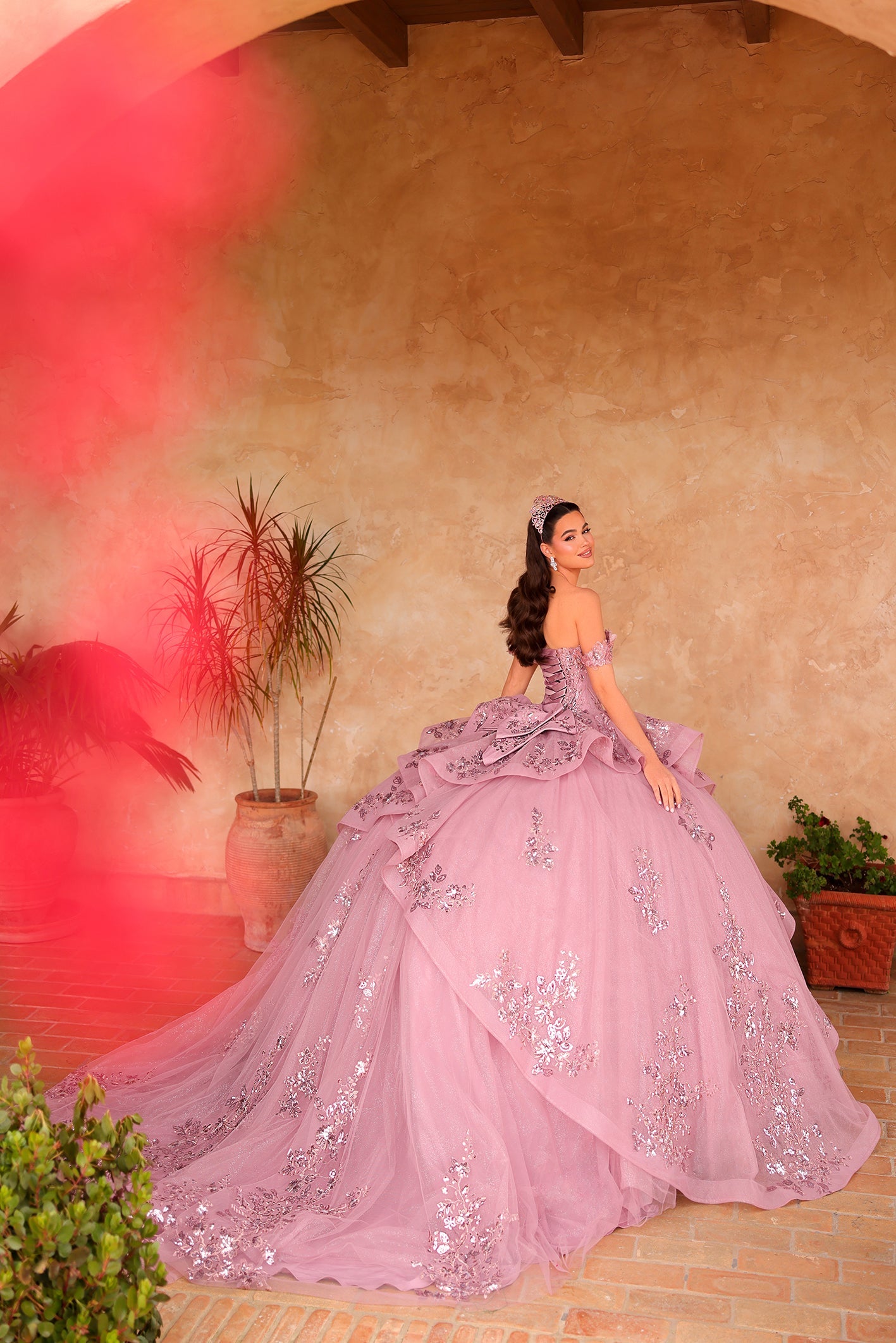 Dusty Rose Off-the-Shoulder Floor-Length Tulle Quinceañera Ball Gown with Embroidered Appliqué Amarra 54129