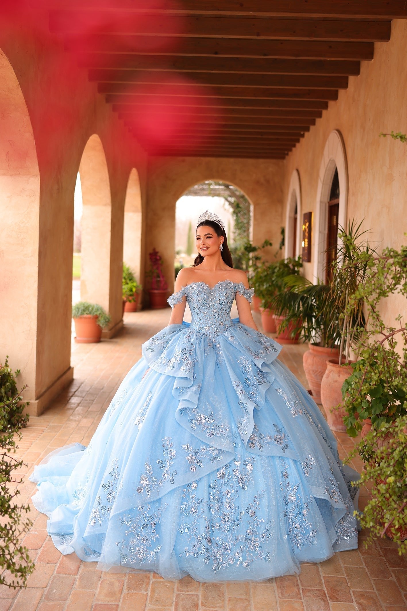 Light Blue Off-the-Shoulder Floor-Length Tulle Quinceañera Ball Gown with Embroidered Appliqué Amarra 54129