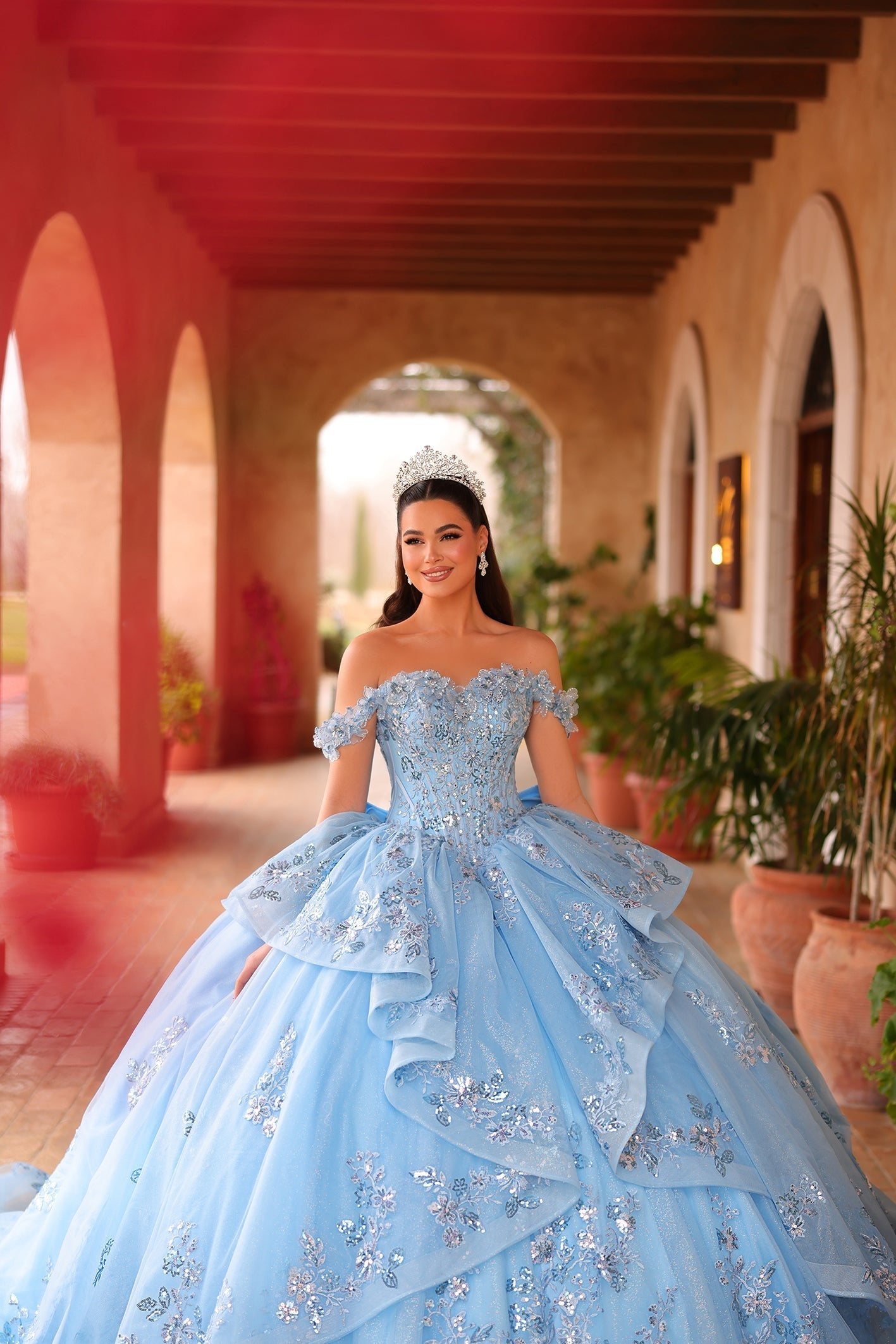 Light Blue Off-the-Shoulder Floor-Length Tulle Quinceañera Ball Gown with Embroidered Appliqué Amarra 54129