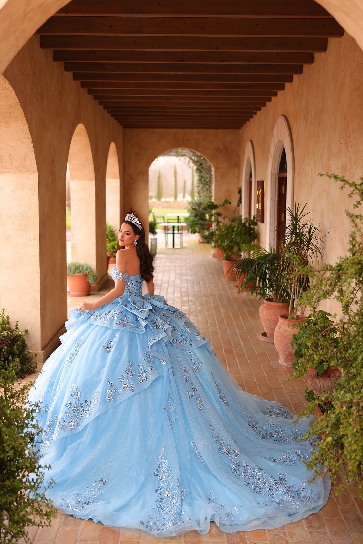 Light Blue Off-the-Shoulder Floor-Length Tulle Quinceañera Ball Gown with Embroidered Appliqué Amarra 54129