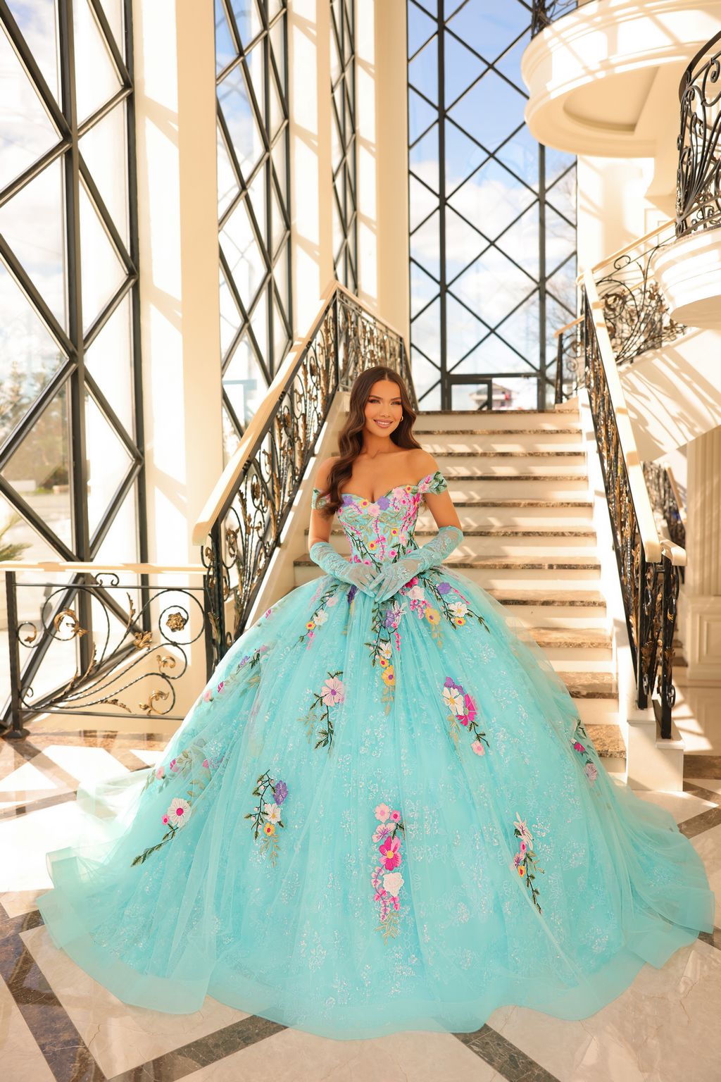 Quinceniera Dresses Long Floral Ball Gown Quinceanera Dress Aqua/Multi