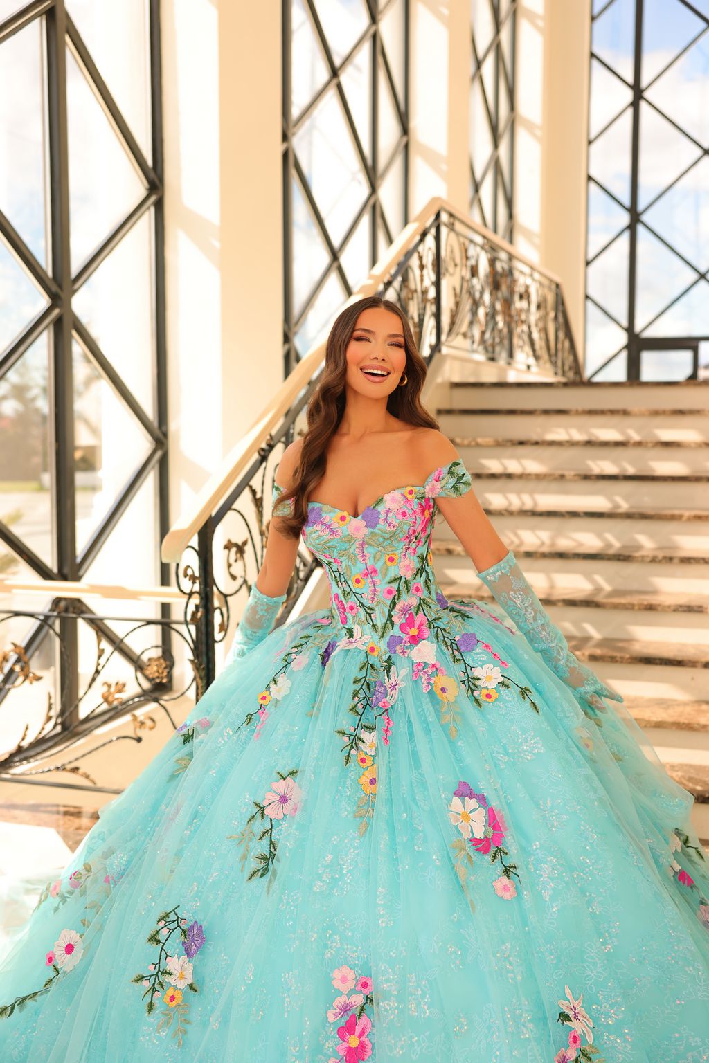 Quinceniera Dresses Long Floral Ball Gown Quinceanera Dress Aqua/Multi