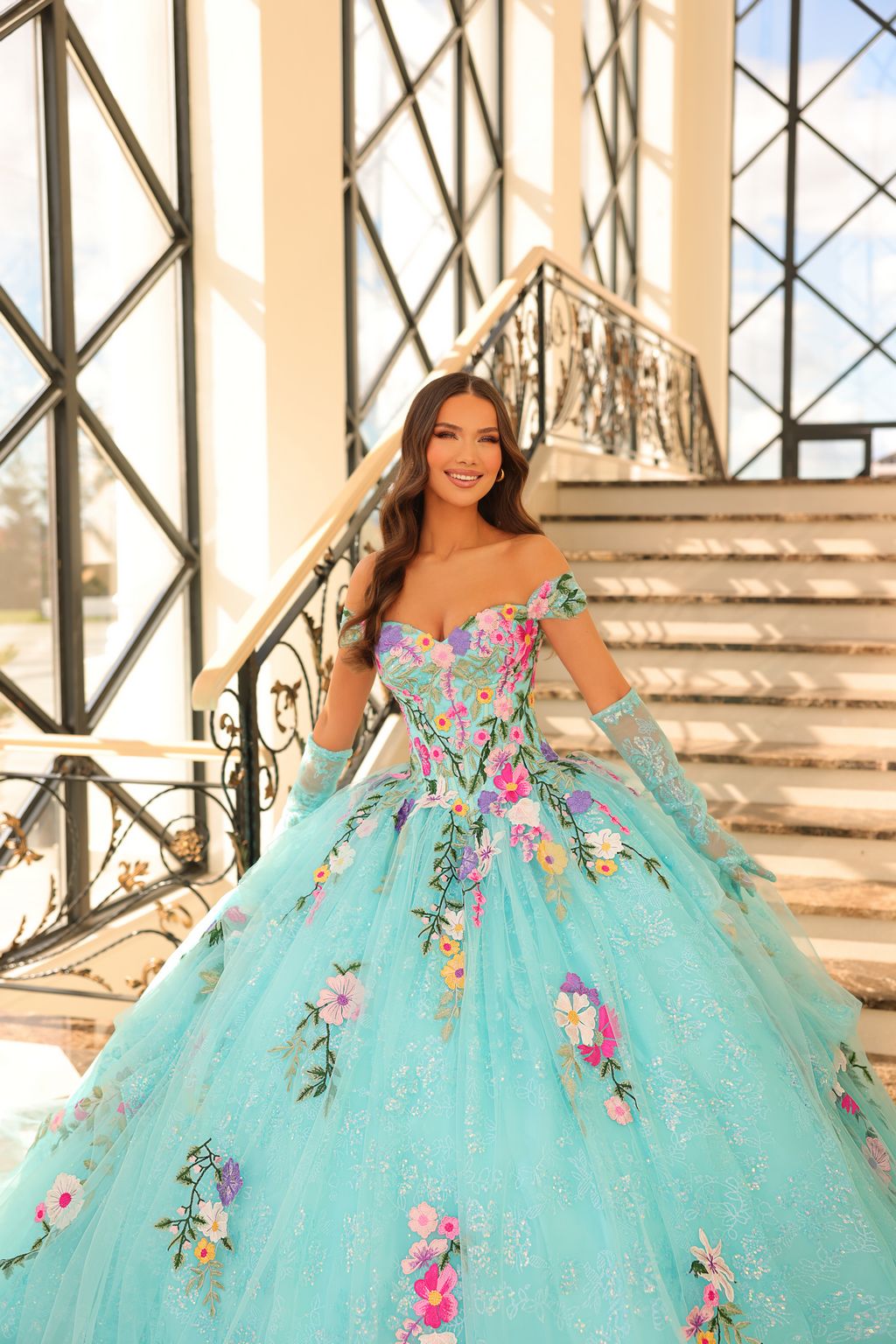 Quinceniera Dresses Long Floral Ball Gown Quinceanera Dress Aqua/Multi