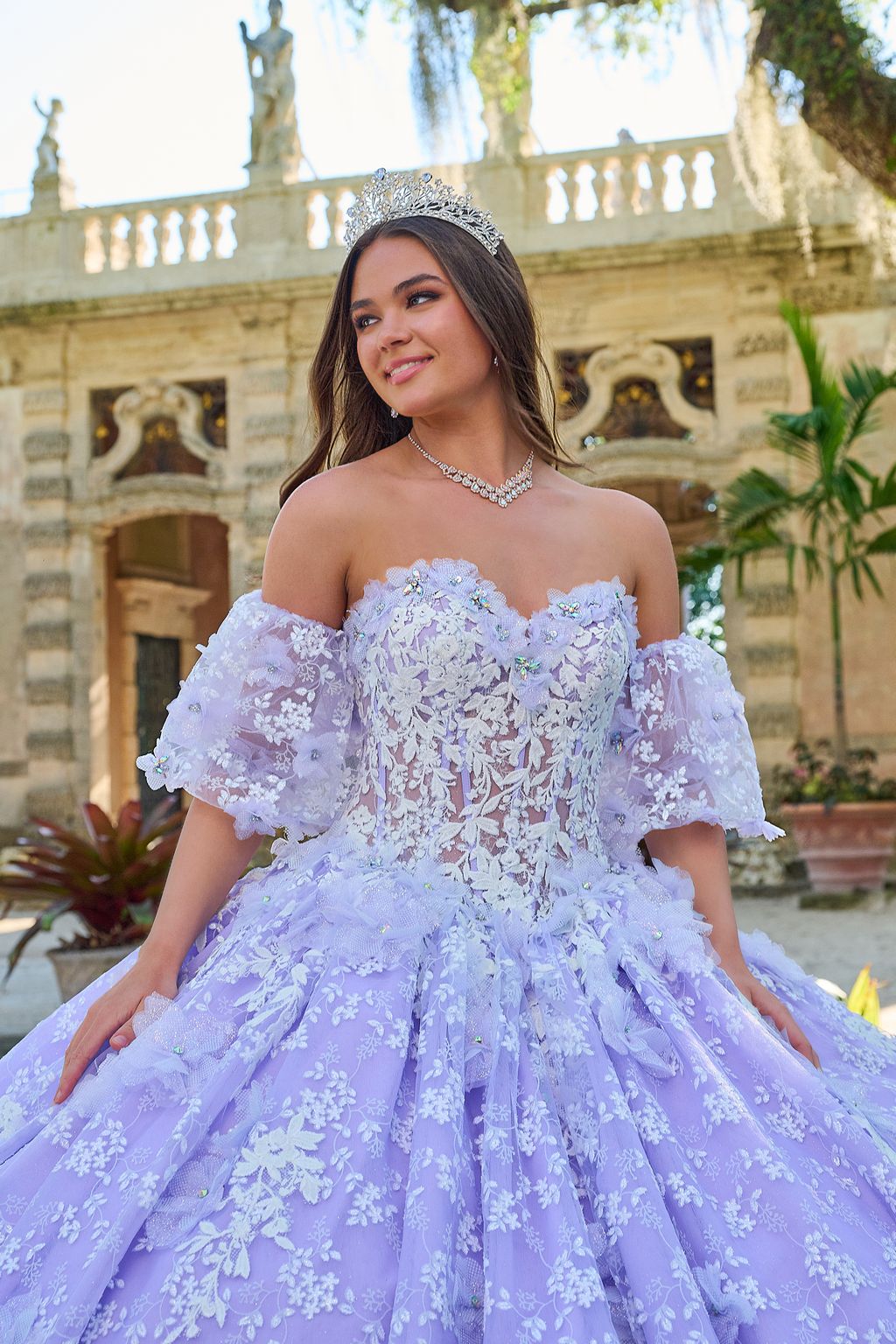 Quinceniera Dresses Long Floral Lace Ball Gown Quinceanera Dress  Lilac