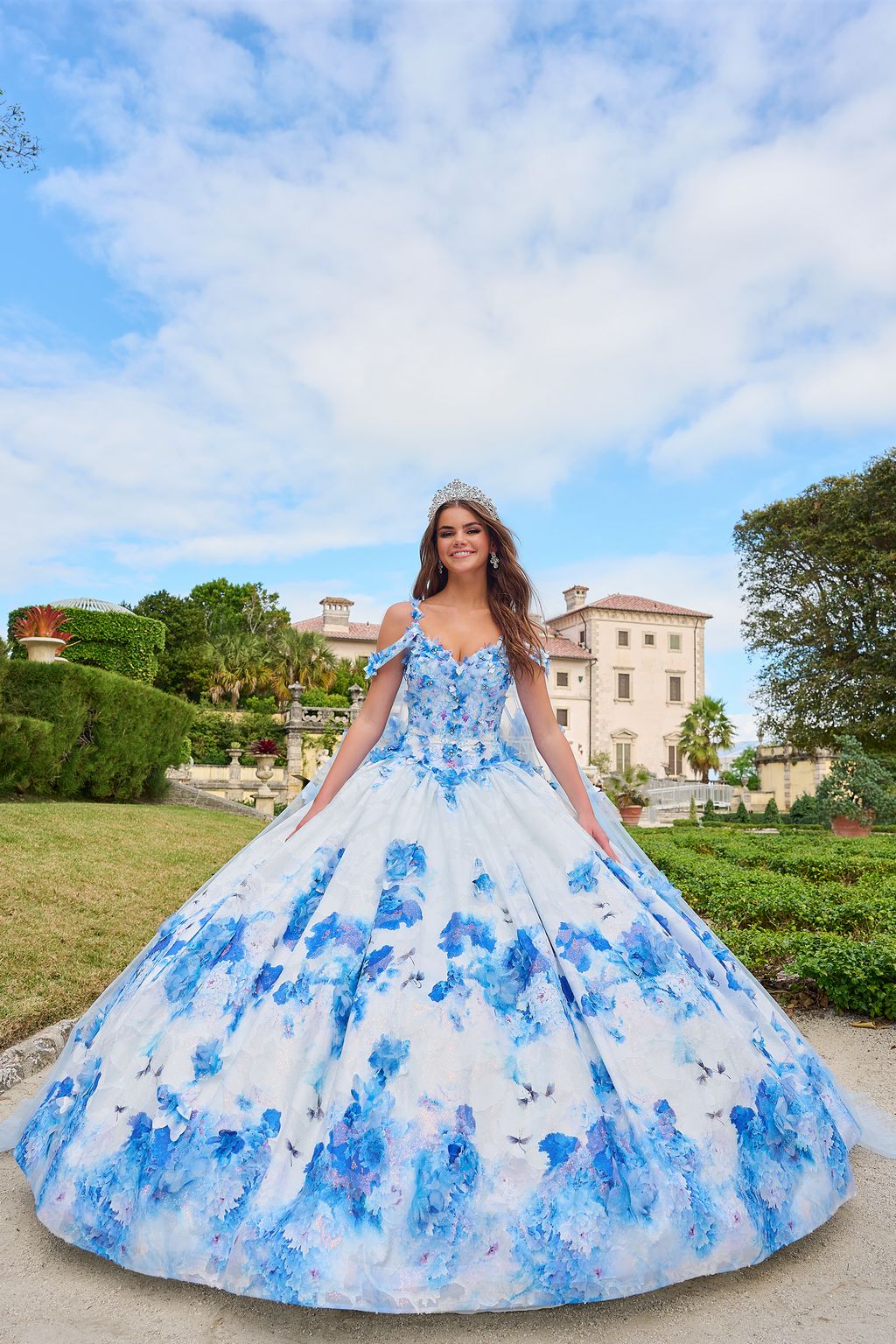 Amarra 54208 Long Ball Gown Floral Print Cape Quinceanera Dress