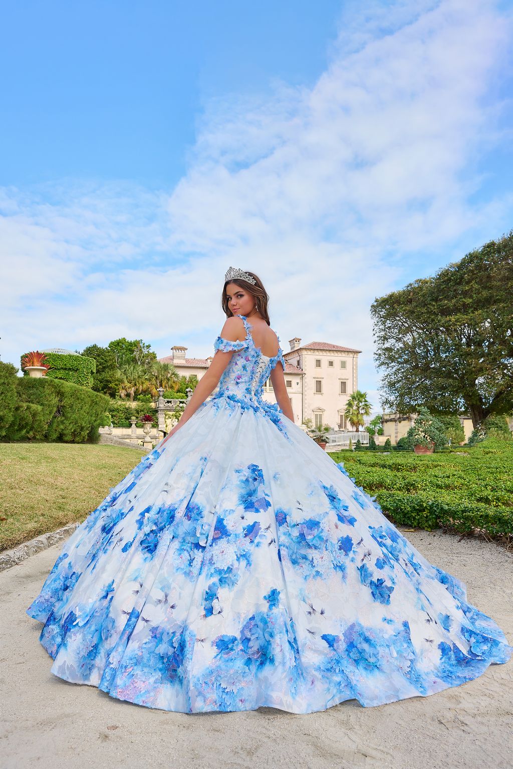 Amarra 54208 Long Ball Gown Floral Print Cape Quinceanera Dress