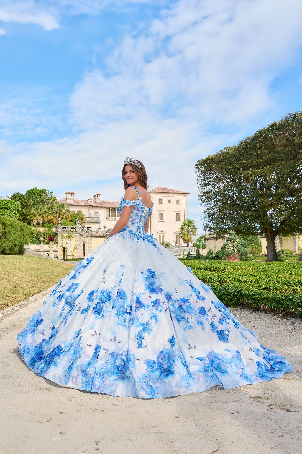 Amarra 54208 Long Ball Gown Floral Print Cape Quinceanera Dress