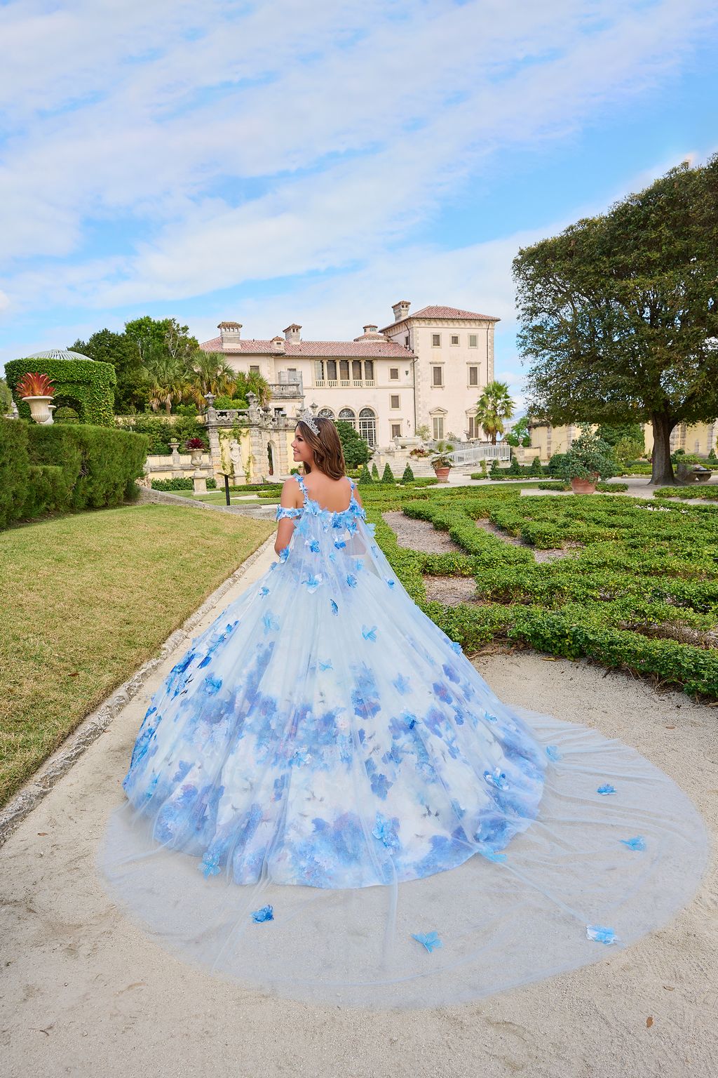 Amarra 54208 Long Ball Gown Floral Print Cape Quinceanera Dress - White/Blue / 10 Amarra 54208 Long Ball Gown Floral Print Cape Quinceanera Dress - White/Blue / 10