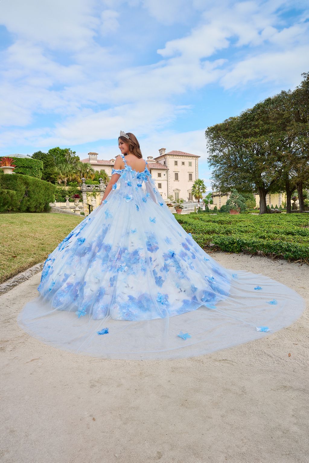 Amarra 54208 Long Ball Gown Floral Print Cape Quinceanera Dress