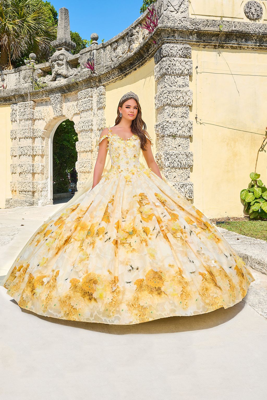 Amarra 54208 Long Ball Gown Floral Print Cape Quinceanera Dress