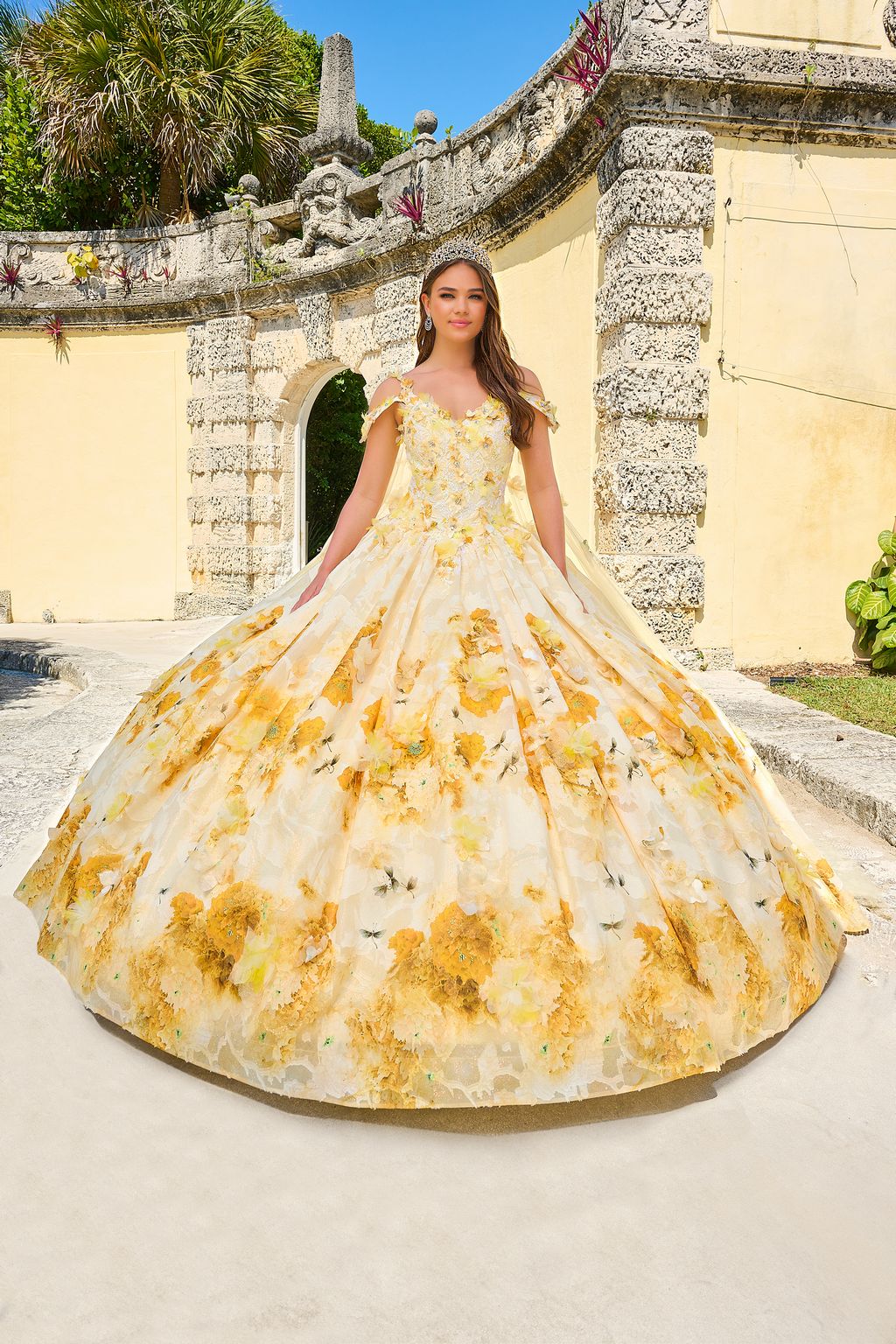 Amarra 54208 Long Ball Gown Floral Print Cape Quinceanera Dress