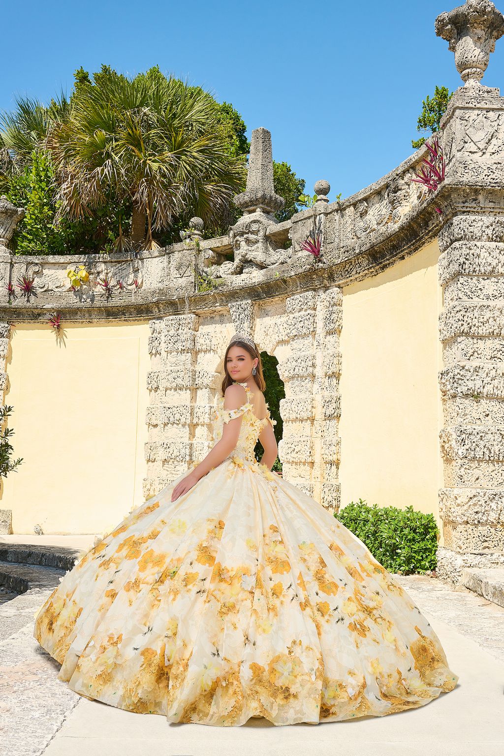Amarra 54208 Long Ball Gown Floral Print Cape Quinceanera Dress