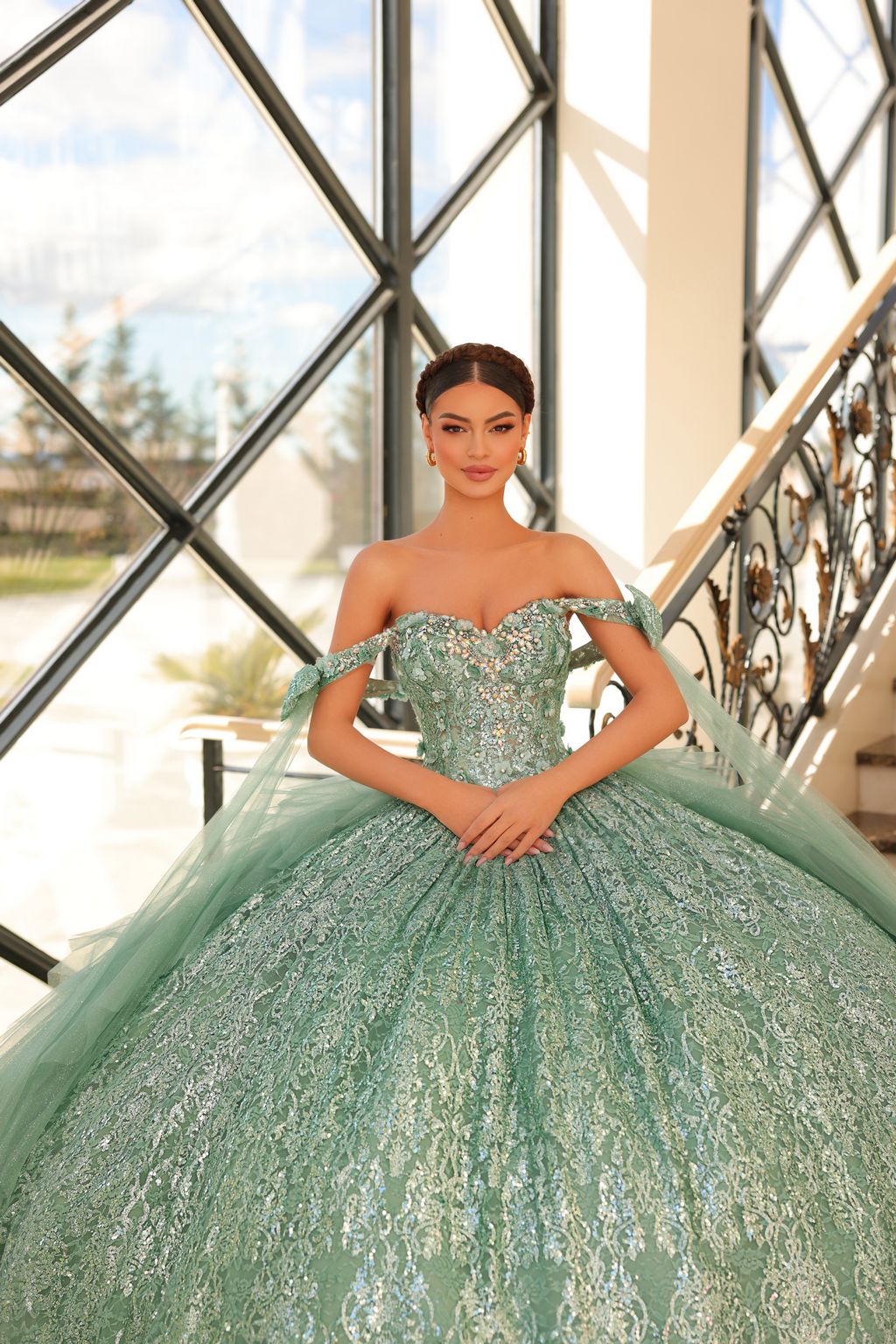 Amarra 54212 Long Ball Gown Glitter Cape Quinceanera Dress