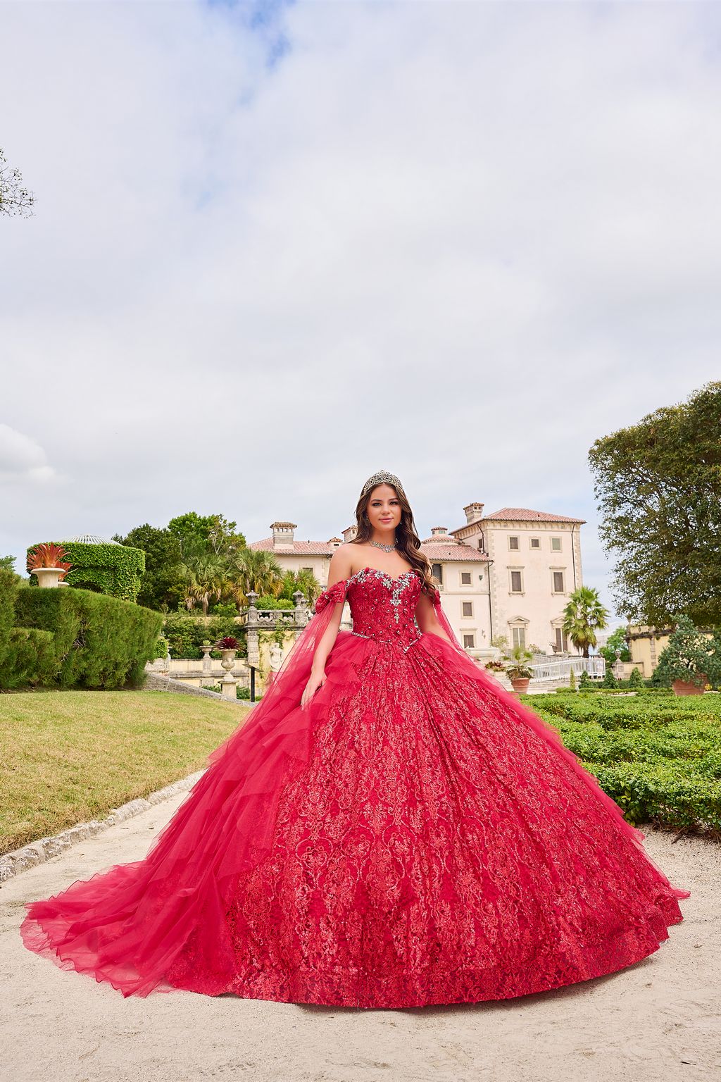 Amarra 54212 Long Ball Gown Glitter Cape Quinceanera Dress
