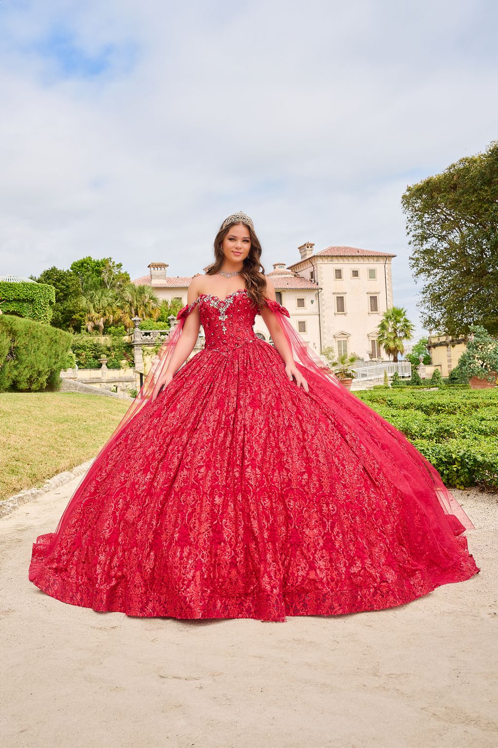 Amarra 54212 Long Ball Gown Glitter Cape Quinceanera Dress