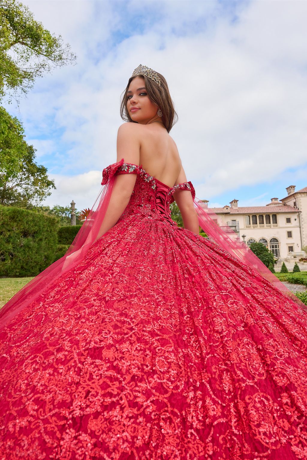 Amarra 54212 Long Ball Gown Glitter Cape Quinceanera Dress