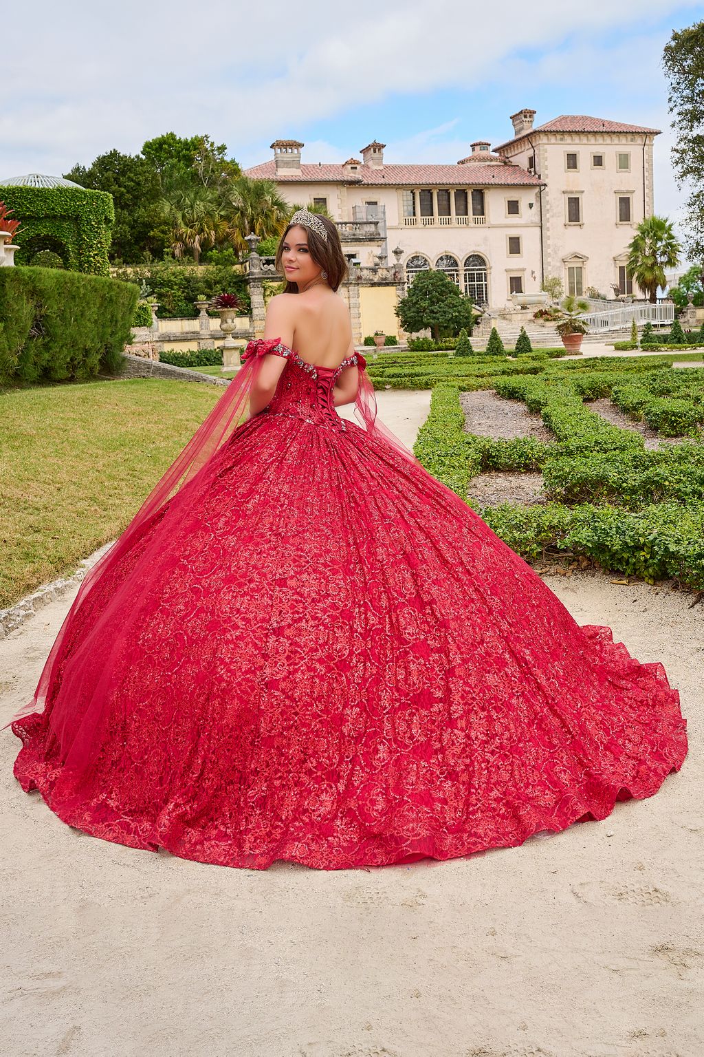 Amarra 54212 Long Ball Gown Glitter Cape Quinceanera Dress