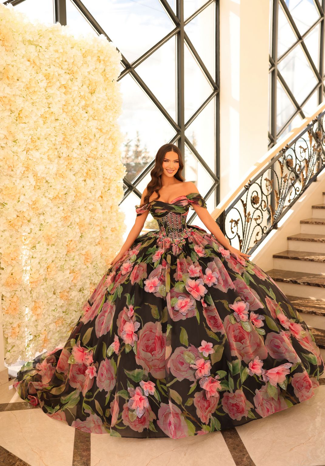 Quinceniera Dresses Floral Ball Gown Long Quinceanera Dress Black/Multi