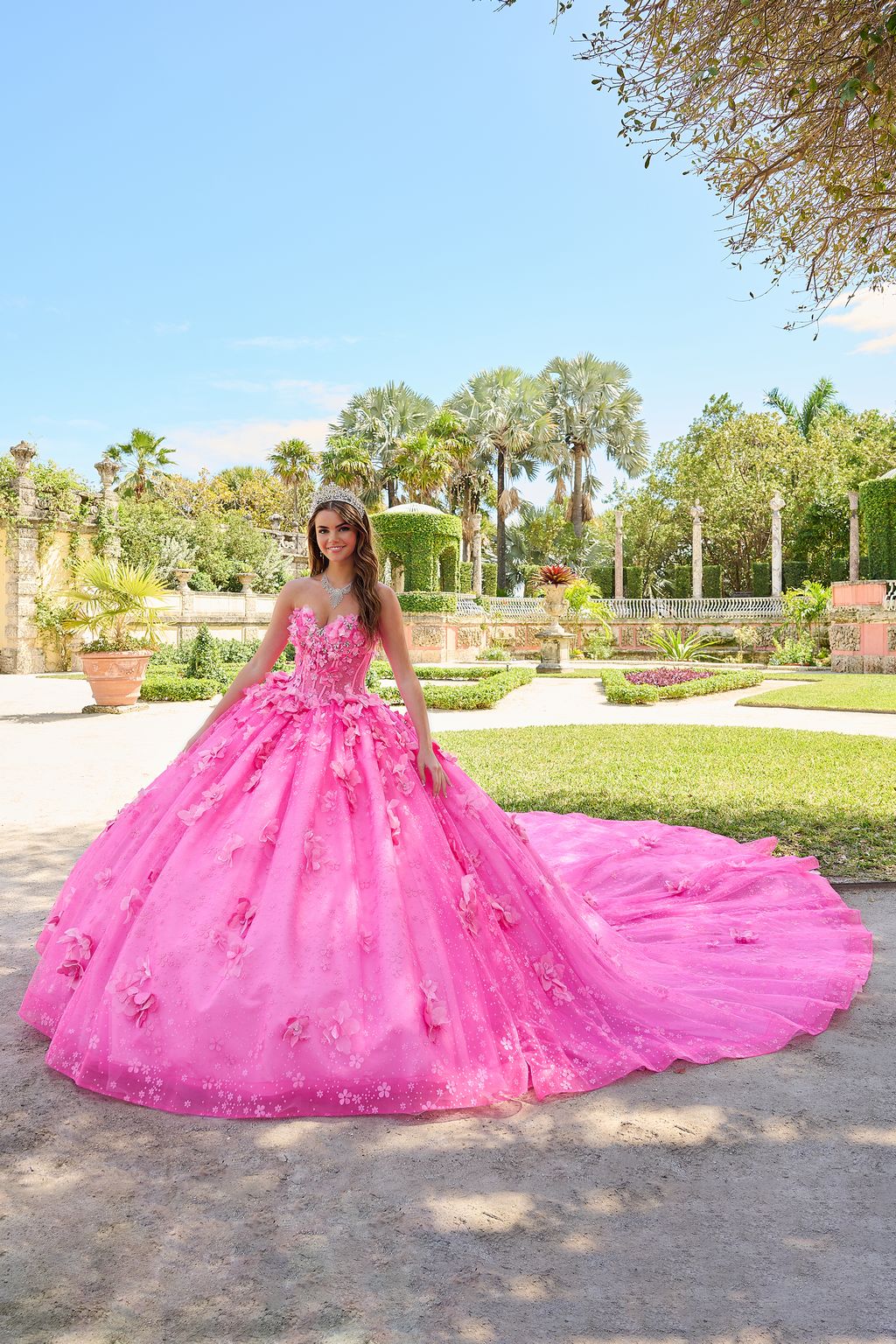 Quinceniera Dresses Long 3D Floral Glitter Ball Gown Quinceanera Dress Fuchsia/Pink