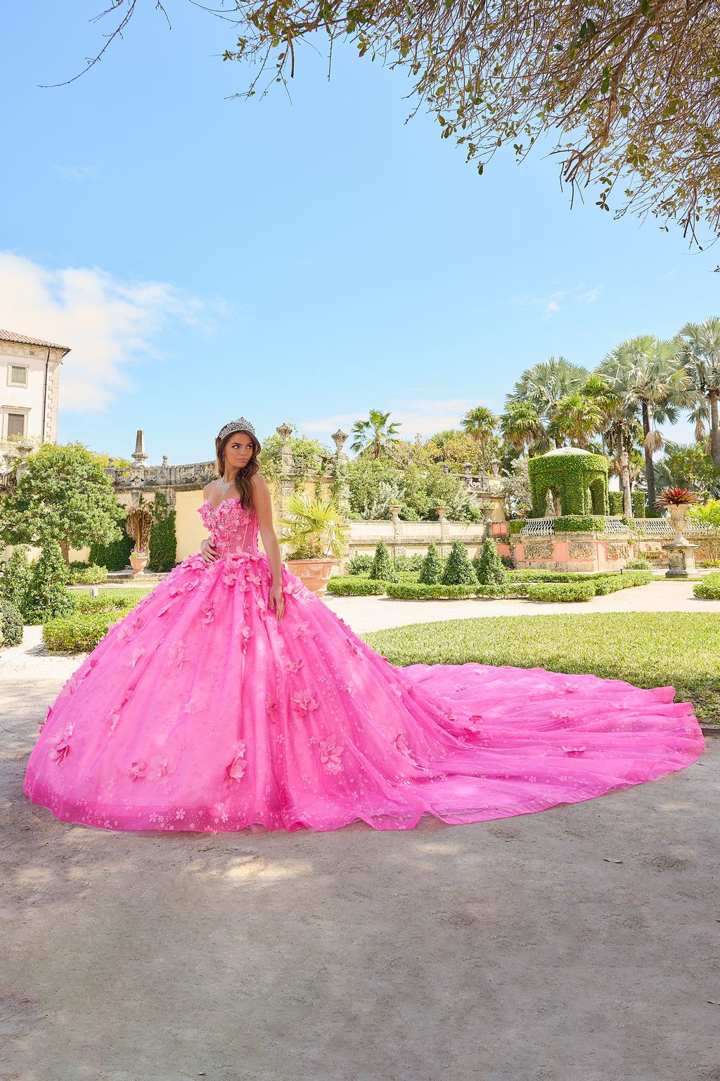 Quinceniera Dresses Long 3D Floral Glitter Ball Gown Quinceanera Dress Fuchsia/Pink