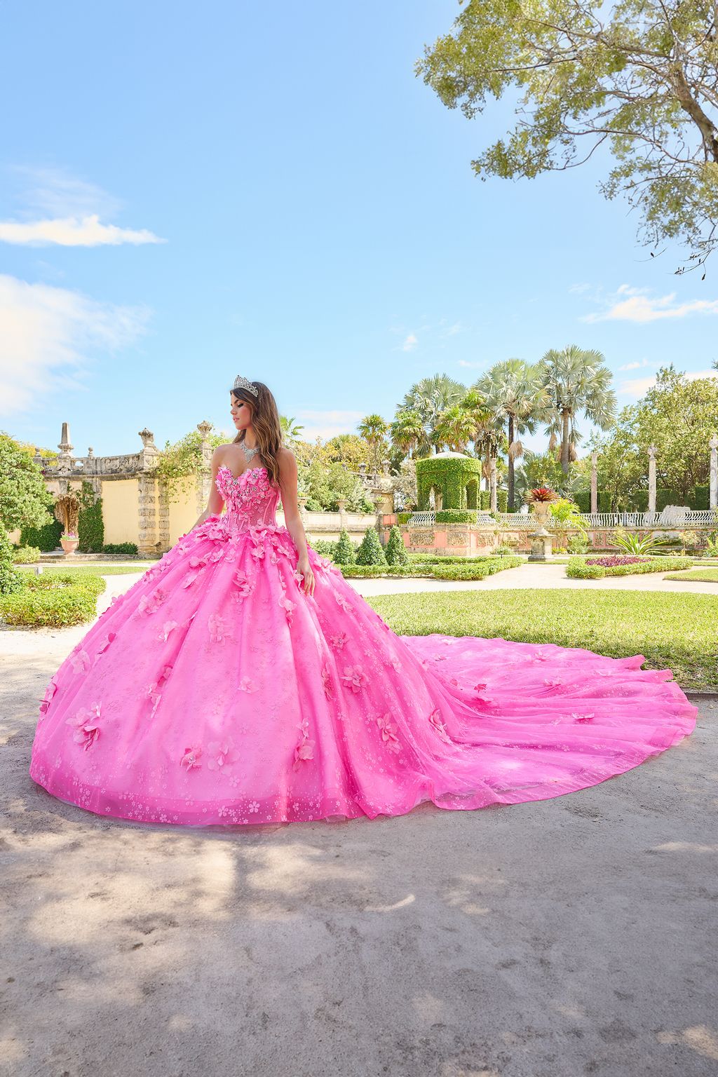 Quinceniera Dresses Long 3D Floral Glitter Ball Gown Quinceanera Dress Fuchsia/Pink