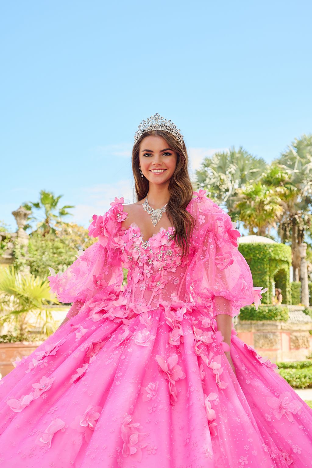 Quinceniera Dresses Long 3D Floral Glitter Ball Gown Quinceanera Dress Fuchsia/Pink
