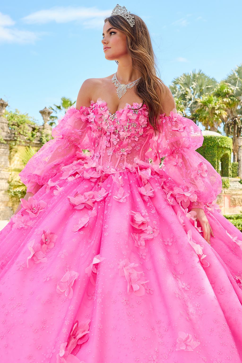 Quinceniera Dresses Long 3D Floral Glitter Ball Gown Quinceanera Dress Fuchsia/Pink