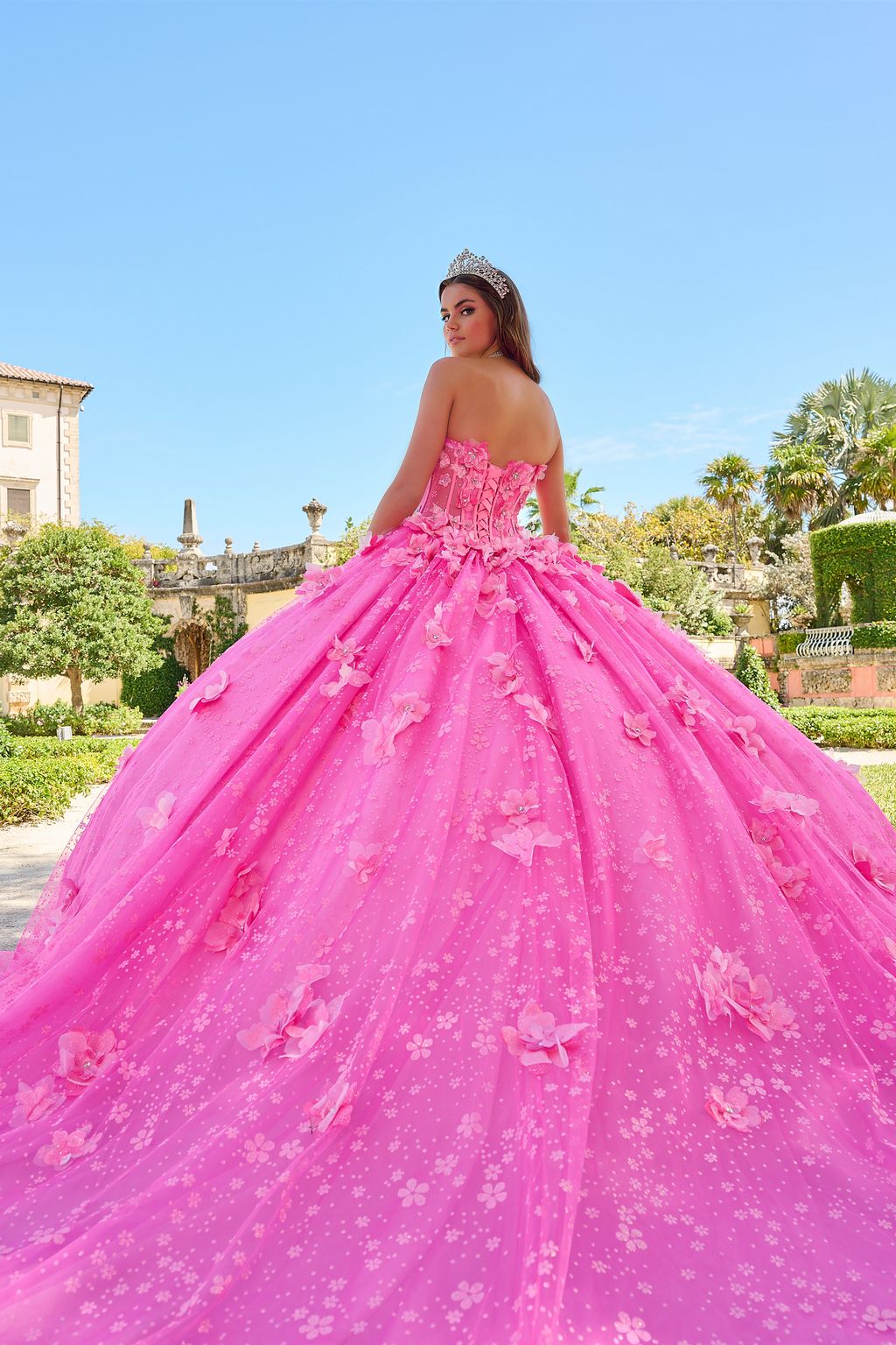 Quinceniera Dresses Long 3D Floral Glitter Ball Gown Quinceanera Dress Fuchsia/Pink