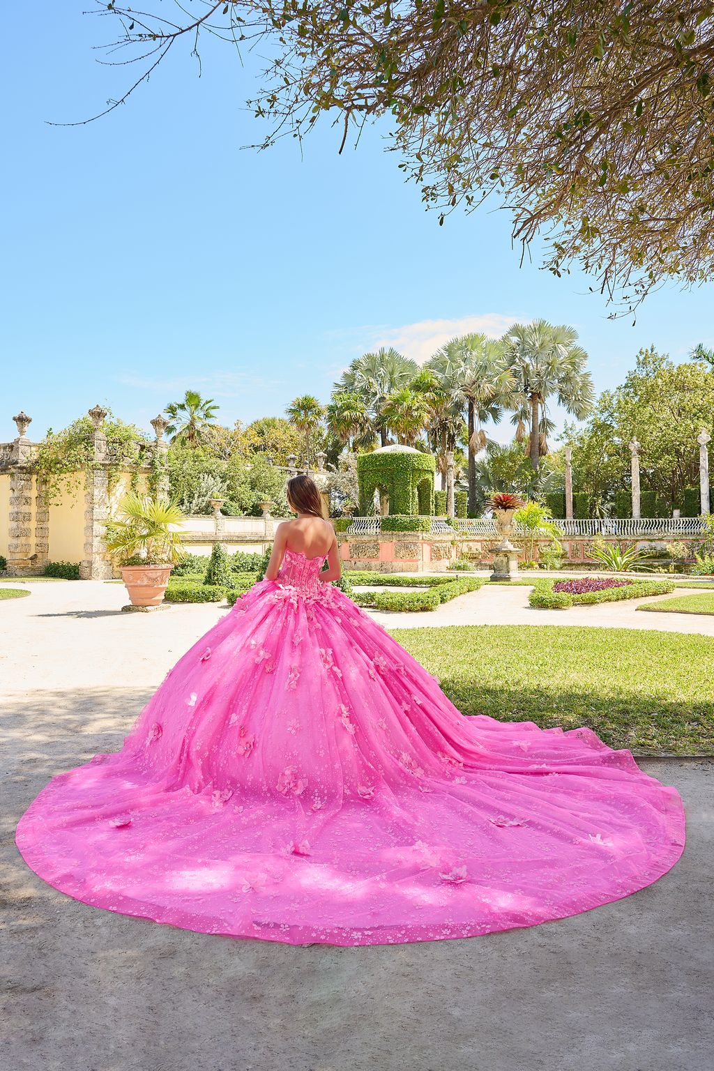 Quinceniera Dresses Long 3D Floral Glitter Ball Gown Quinceanera Dress Fuchsia/Pink