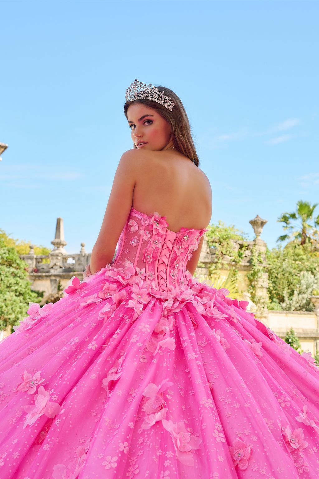 Quinceniera Dresses Long 3D Floral Glitter Ball Gown Quinceanera Dress Fuchsia/Pink