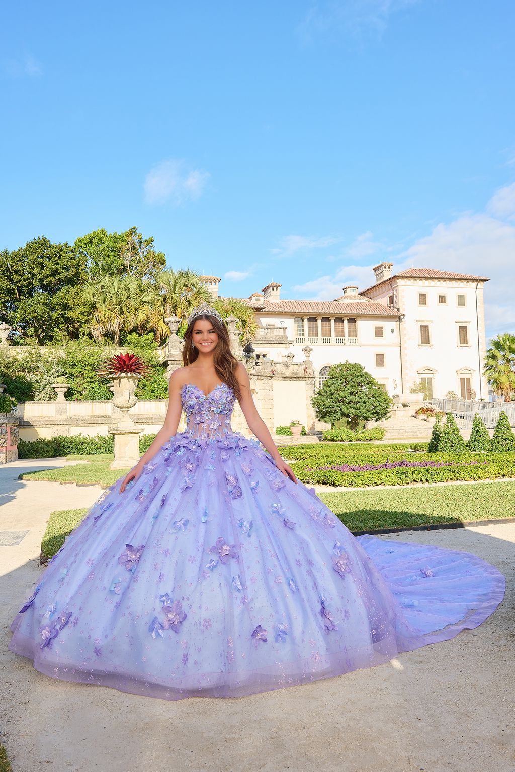 Quinceniera Dresses Long 3D Floral Glitter Ball Gown Quinceanera Dress Lilac/Light Blue