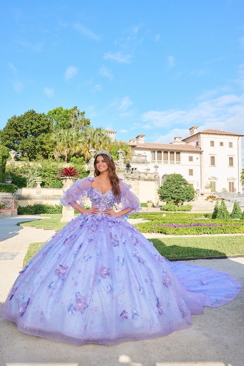 Quinceniera Dresses Long 3D Floral Glitter Ball Gown Quinceanera Dress Lilac/Light Blue