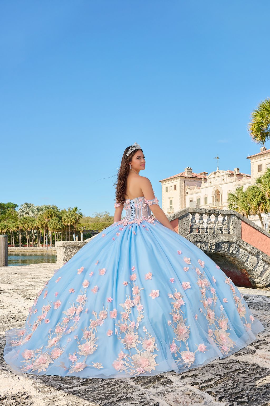 Light Blue Amarra 54224 Beaded Ball Gown Long Quinceanera Dress