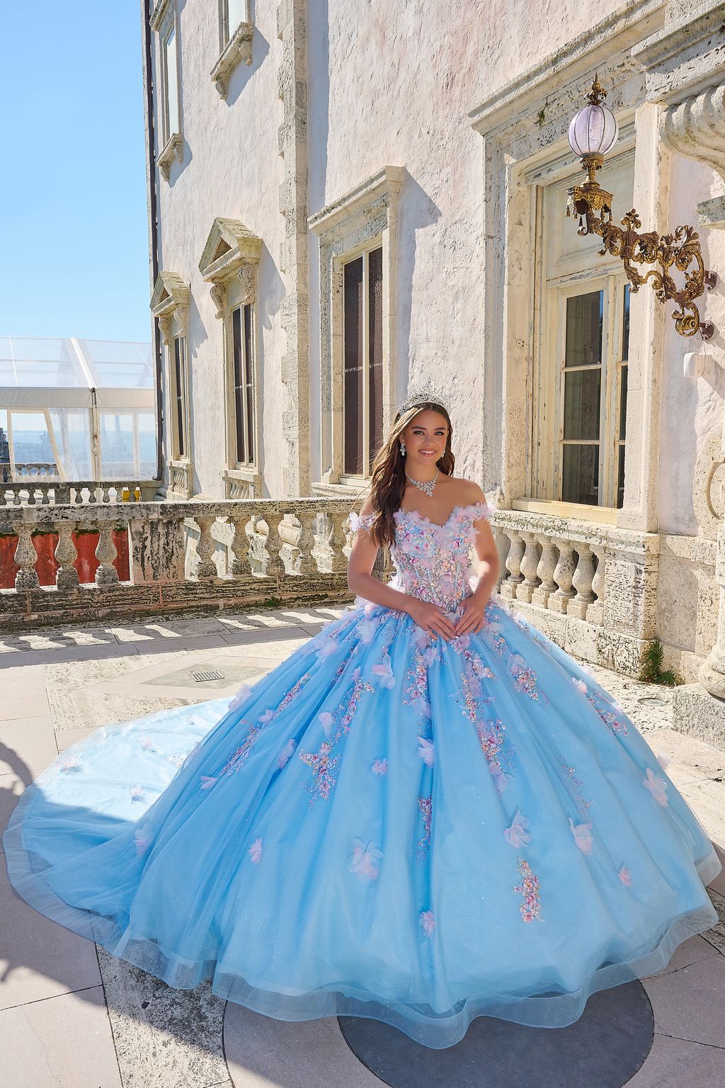 Quinceniera Dresses Long 3D Floral Ball Gown Quinceanera Dress Light Blue/Multi