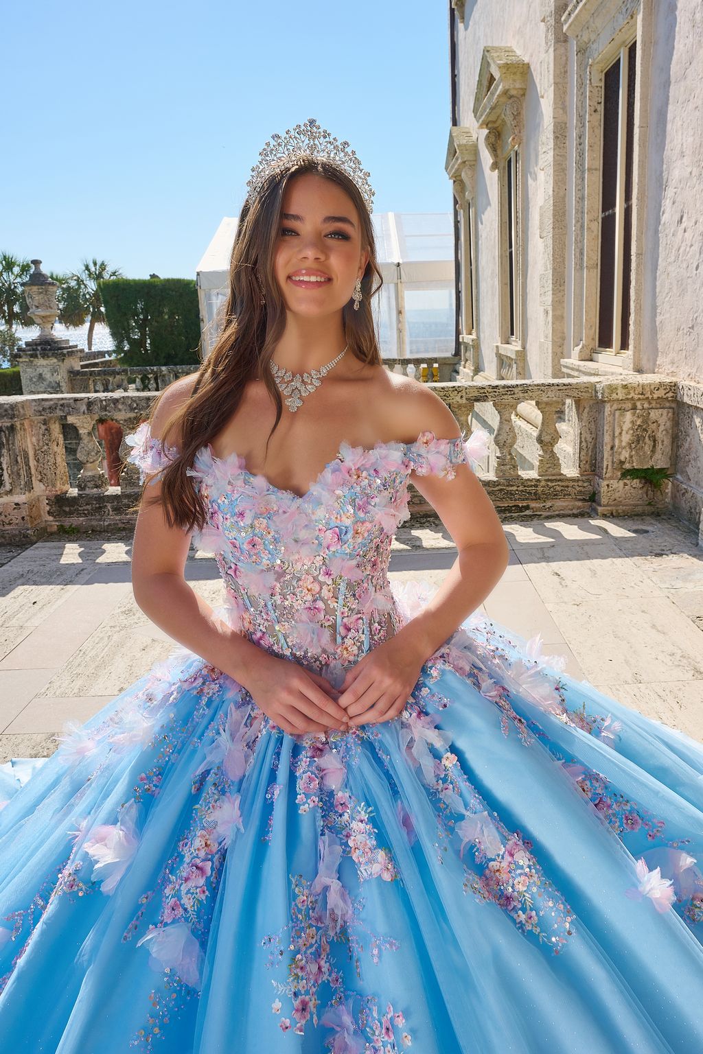 Quinceniera Dresses Long 3D Floral Ball Gown Quinceanera Dress Light Blue/Multi