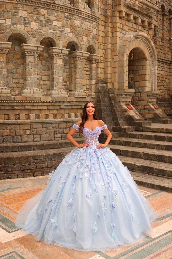 Off-the-Shoulder Floor-Length Tulle Quinceañera Ball Gown with Floral Appliques and Train Amarra 54231