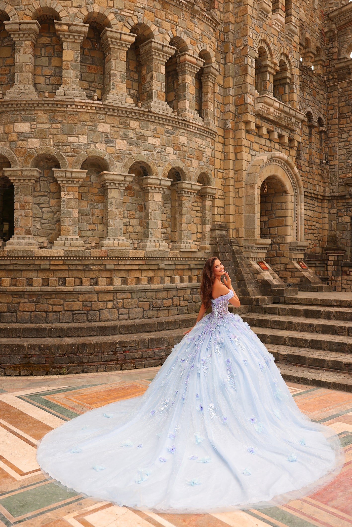 Light Blue Off-the-Shoulder Floor-Length Tulle Quinceañera Ball Gown with Floral Appliques and Train Amarra 54231
