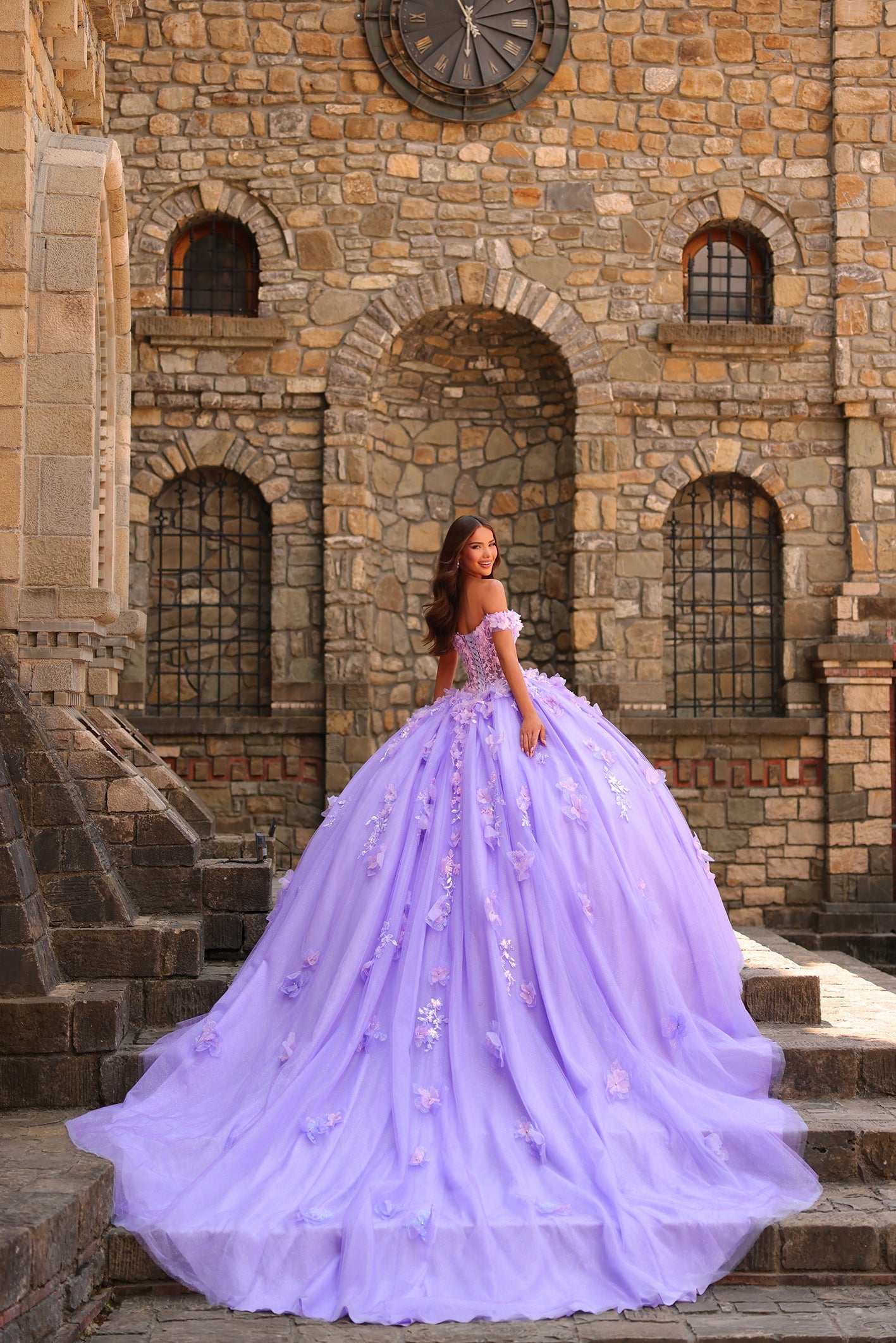 Lavender Off-the-Shoulder Floor-Length Tulle Quinceañera Ball Gown with Floral Appliques and Train Amarra 54231