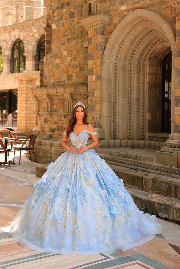 Cold Shoulder Floor-Length Tulle Quinceañera Ball Gown with Floral Appliqué Corset Dress Amarra 54232