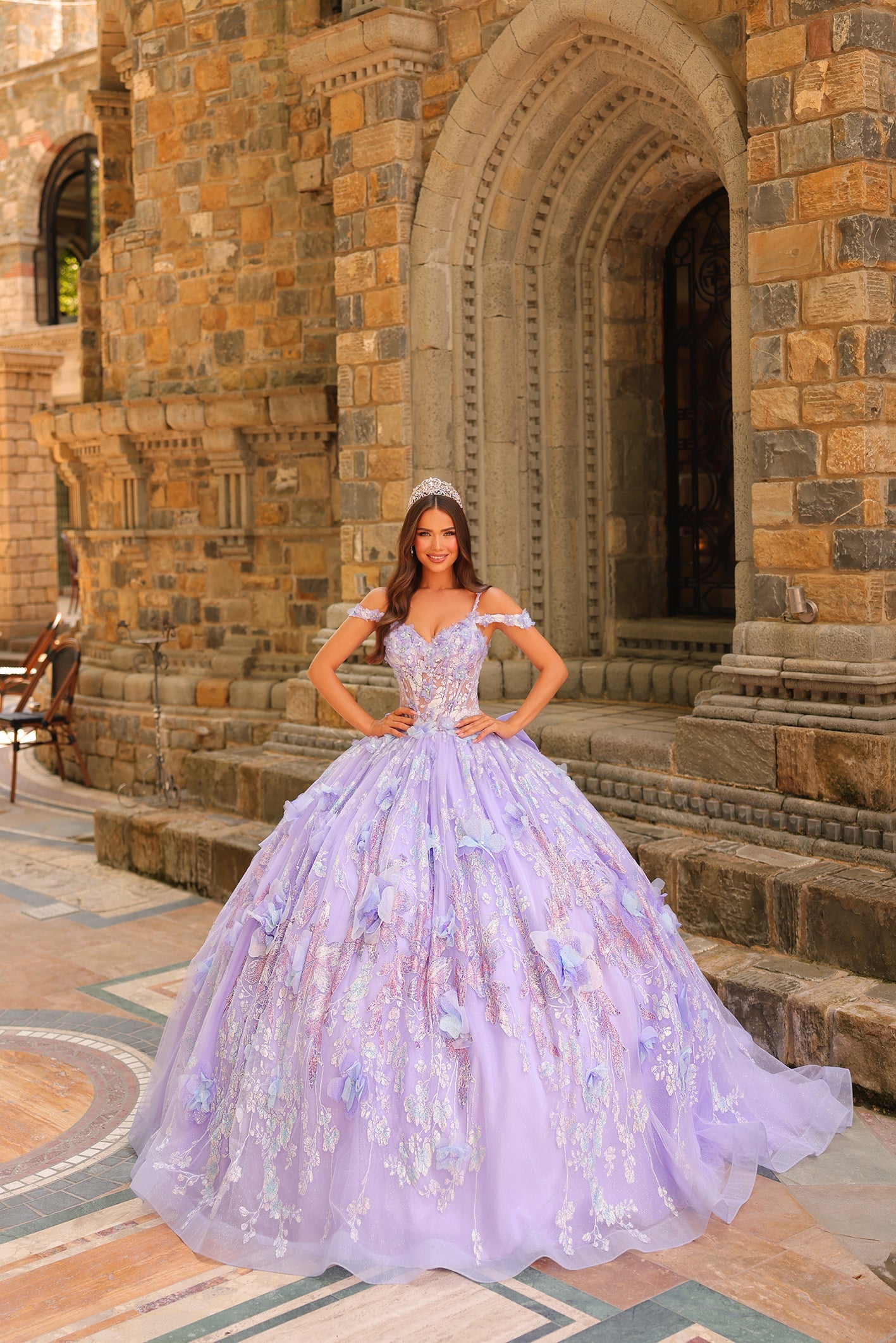 Lilac Cold Shoulder Floor-Length Tulle Quinceañera Ball Gown with Floral Appliqué Corset Dress Amarra 54232