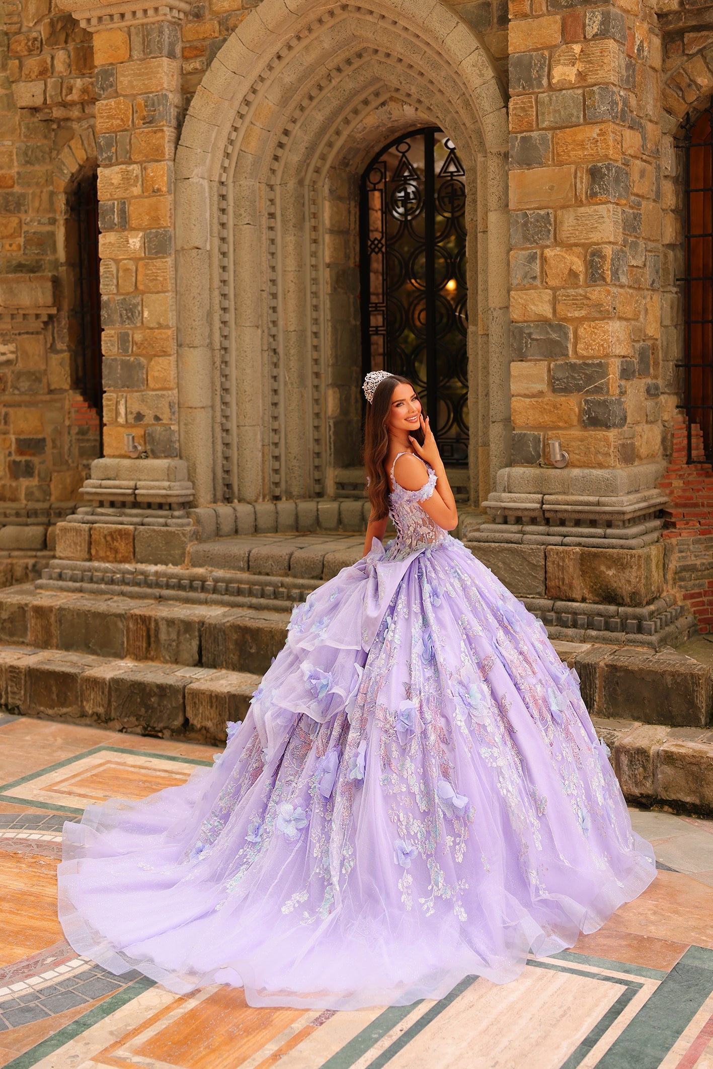 Lilac Cold Shoulder Floor-Length Tulle Quinceañera Ball Gown with Floral Appliqué Corset Dress Amarra 54232