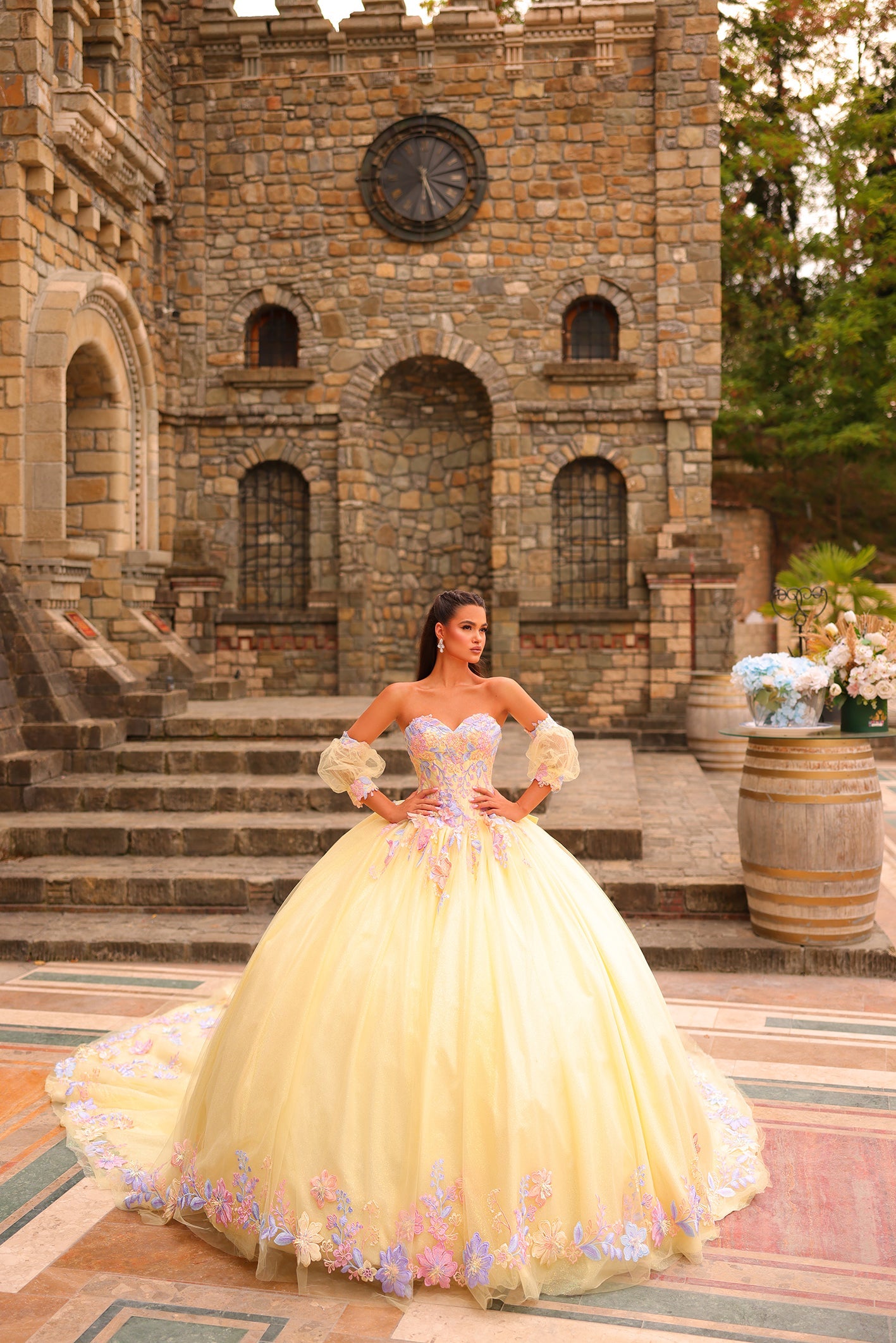 Light Yellow Sweetheart Floor-Length Tulle Quinceañera Ball Gown with Embroidered Appliques Amarra 54234