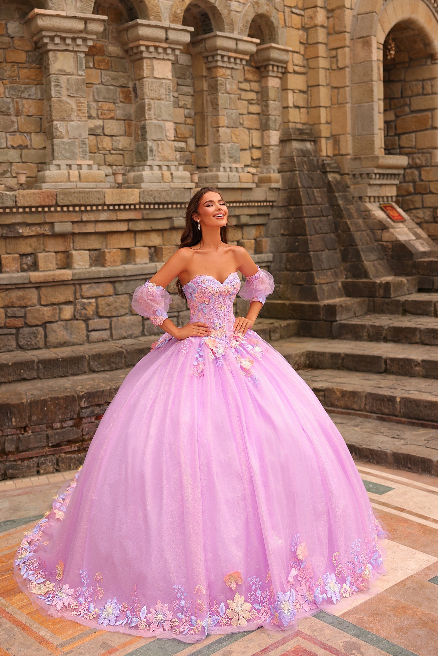 Pink Sweetheart Floor-Length Tulle Quinceañera Ball Gown with Embroidered Appliques Amarra 54234