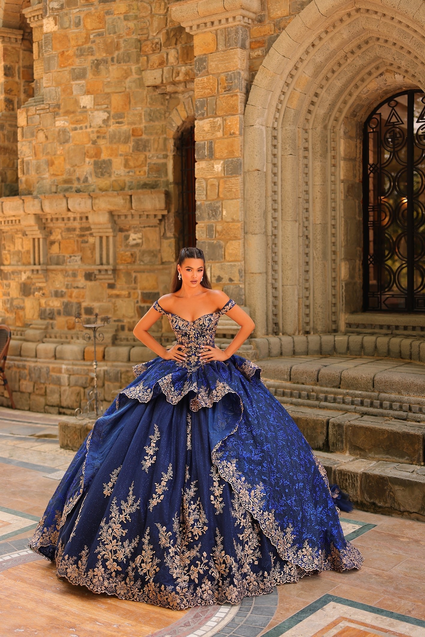 Amarra 54235 Long Ball Gown 3D Floral Quinceaera Dress - Navy / 4 Amarra 54235 Long Ball Gown 3D Floral Quinceaera Dress - Navy / 4