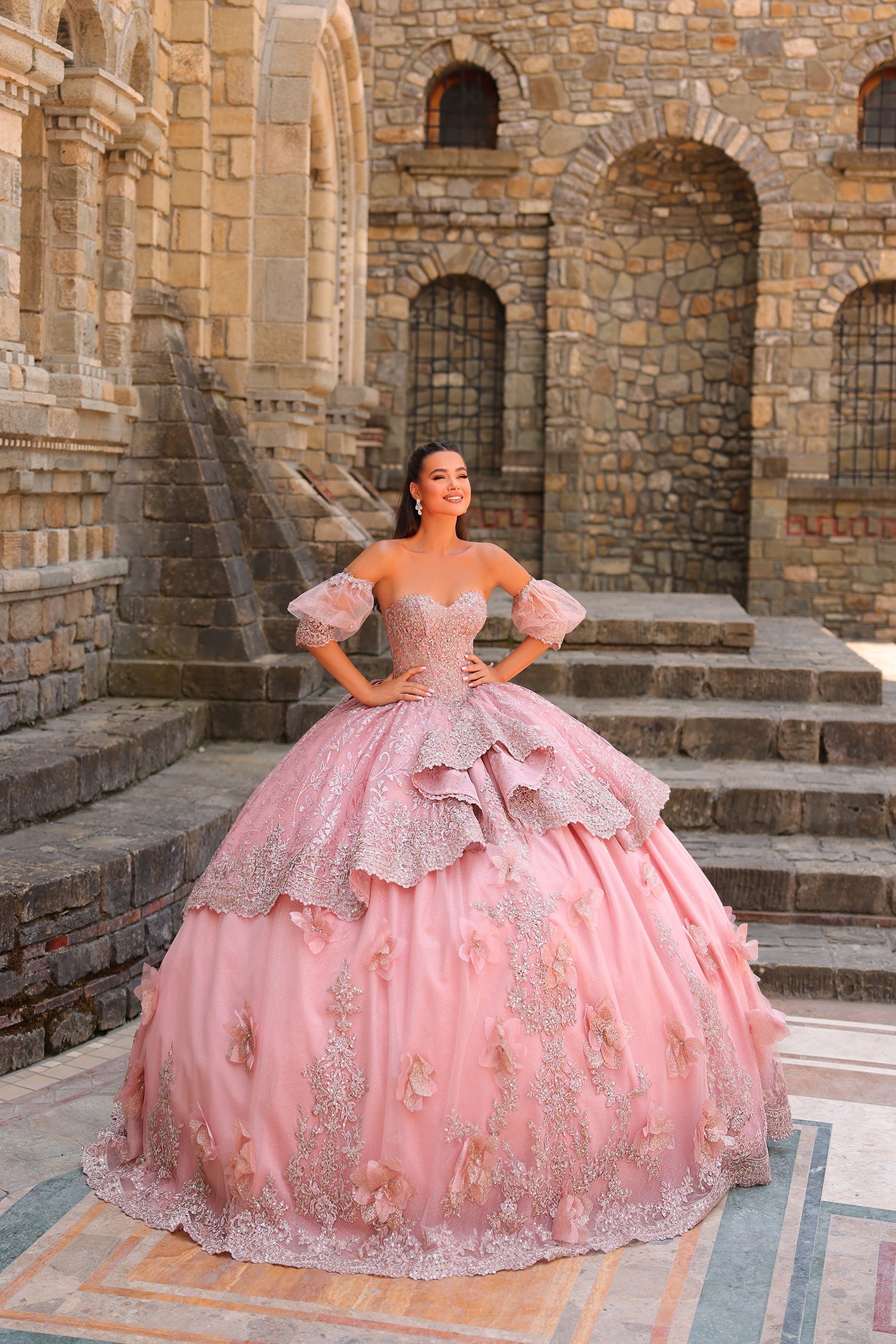 Rose Gold Sweetheart Floor-Length Embroidered Tulle Quinceañera Ball Gown with Detachable Sleeves Amarra 54236