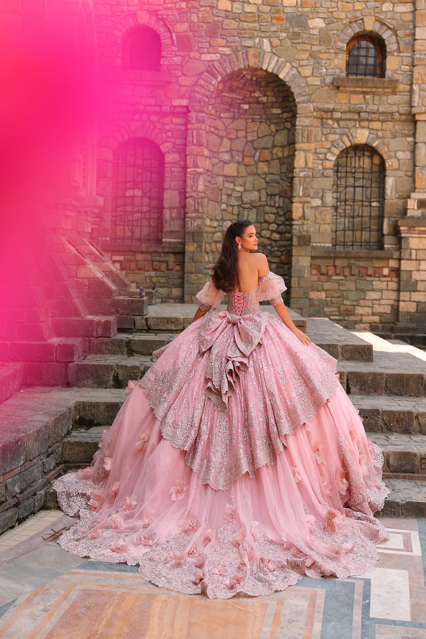 Rose Gold Sweetheart Floor-Length Embroidered Tulle Quinceañera Ball Gown with Detachable Sleeves Amarra 54236